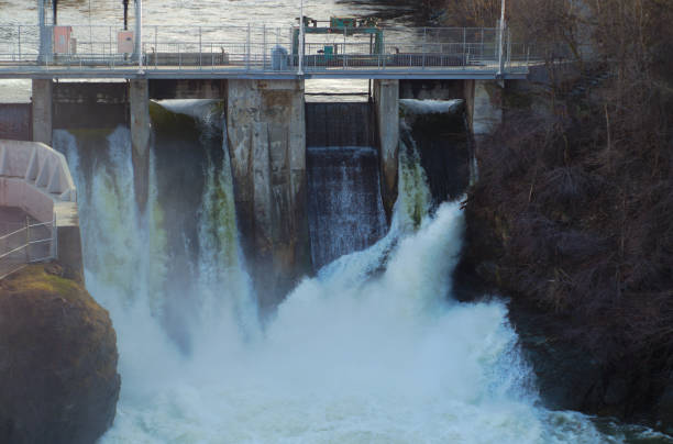 hydroelectric dam on river waterfalls, power plant hydroelectricity powerstation waterfall reservoir turbine electricity sherbrooke quebec stock pictures, royalty-free photos & images