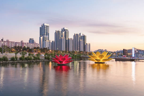 Seoul Cityscape Riverside Banpo Hangang at Twilight South Korea Modern Skyscapers at Banpo Hangang, Han River in downtown Seoul. Sebitseom Island view towards the Han River Skyline and Banpo Hangang District at Twilight. Banpo Hangang, Seoul, South Korea. seoul stock pictures, royalty-free photos & images