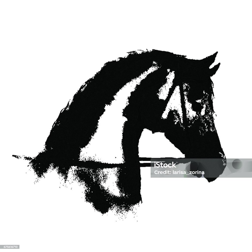 Black ink horse head silhouette with equestrian sport bridle on white. Hand drawing vector illustration. Horse stock vector