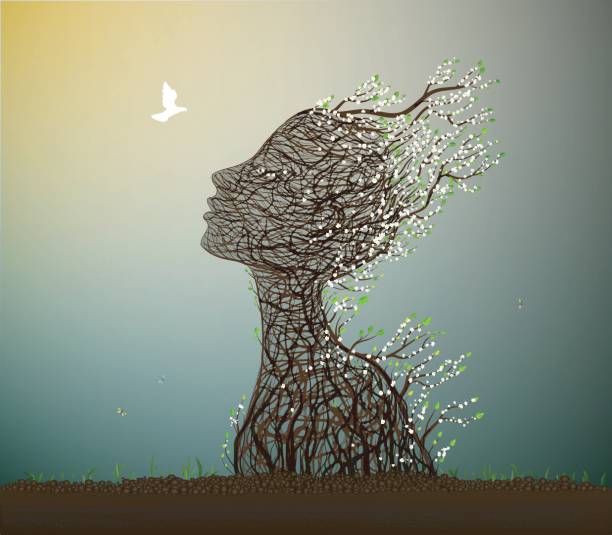 spring alive tree and pigeon spring meeting, tree looks like a woman's head with spring white flowers stretching her face to the sun, surrealism, plant alive idea, vector flourish art illustrations stock illustrations