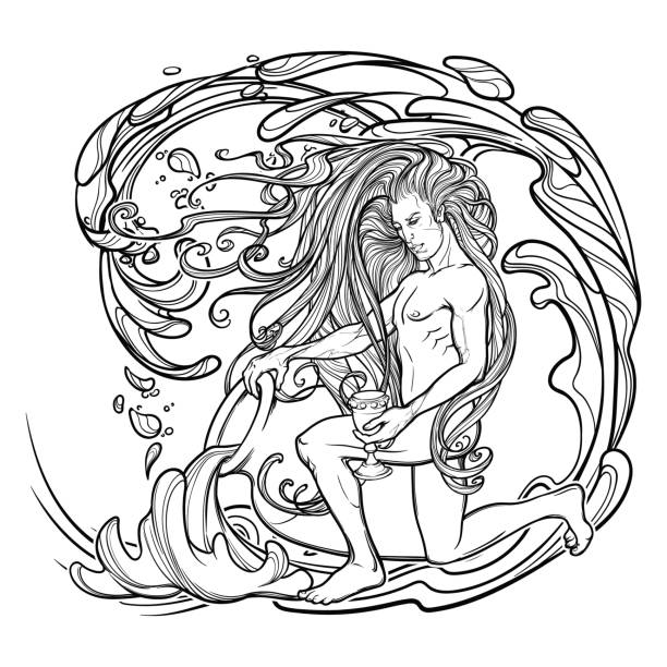 ilustrações de stock, clip art, desenhos animados e ícones de zodiac sign aquarius. beautiful young man with long hair holding large amphora. black and white sketch - aquarius astrology sign line art flowing water