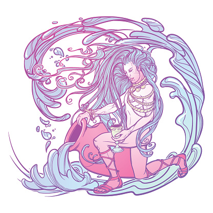 Zodiac sign Aquarius. Young man with long hair holding large amphora. Water flowing out. Frame water waves. Pastel palette. Vintage art nouveau style concept art for horoscope, tattoo or colouring book.