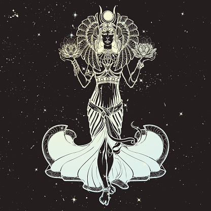 Egyptian goddess Isis balancing in hands black and white lotus as a symbol of life and death. Full body view. Vintage art nouveau style concept art . Night sky background
