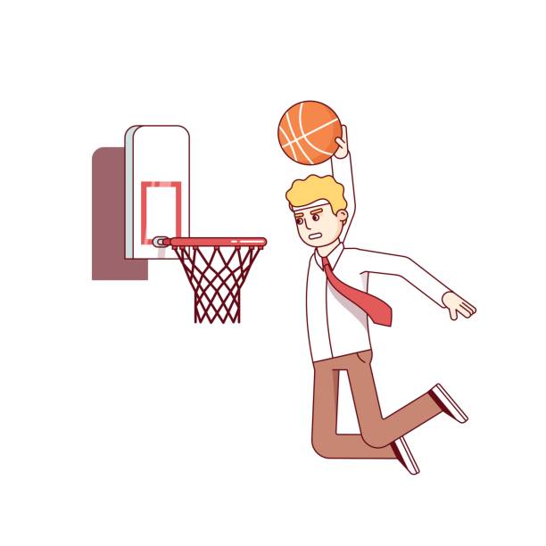 illustrations, cliparts, dessins animés et icônes de homme d’affaires effectuant le basket-ball de cerceau slam dunk - basketball business basketball hoop slam dunk