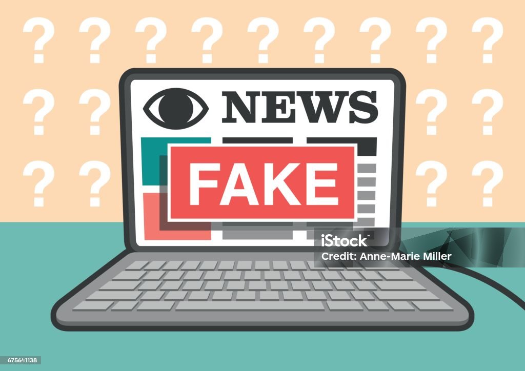 Fake news online News website on a laptop with fake sign The Media stock vector