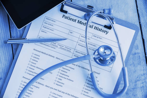 istock Patient medical history on a clipboard with stethoscope. 675643470