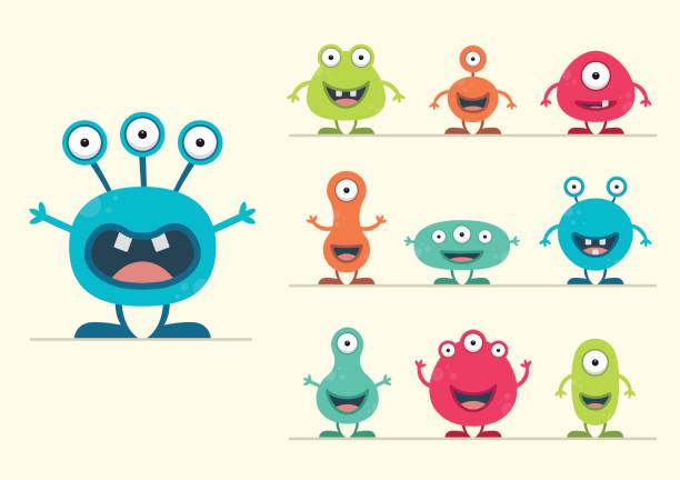 ilustrações de stock, clip art, desenhos animados e ícones de cute creature set - vector illustration - huge eyes