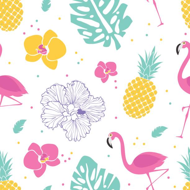 illustrazioni stock, clip art, cartoni animati e icone di tendenza di motivo estivo con fenicotteri e ananas - white pink flamingo blue