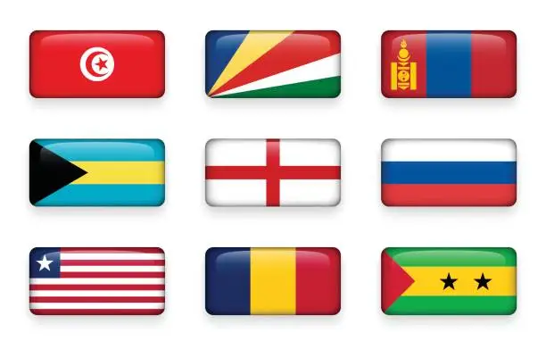 Vector illustration of Set of world flags rectangle buttons ( Tunisia . Seychelles . Mongolia . Bahamas . England . Russia . Liberia . Chad . Sao Tome and Principe )