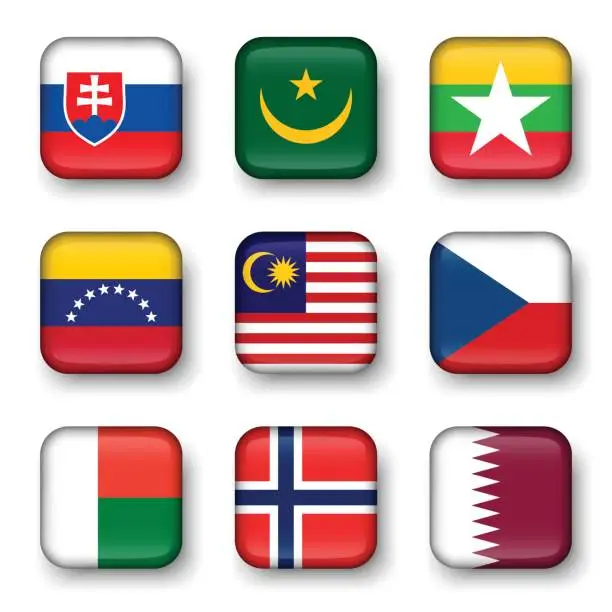 Vector illustration of Set of world flags quadrangular badges ( Slovakia . Mauritania . Myanmar . Venezuela . Malaysia . Czech . Madagascar . Norway . Qatar )