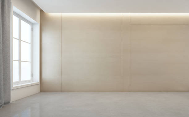 salle vide avec plancher de béton blanc et fond de mur en bois dans la maison moderne - non meublé photos et images de collection