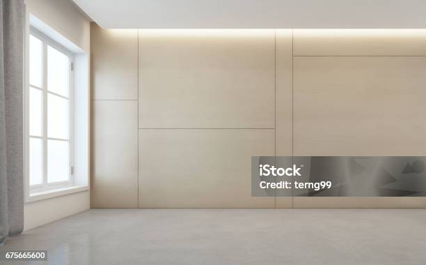 Empty Room With White Concrete Floor And Wooden Wall Background In Modern House Stock Photo - Download Image Now