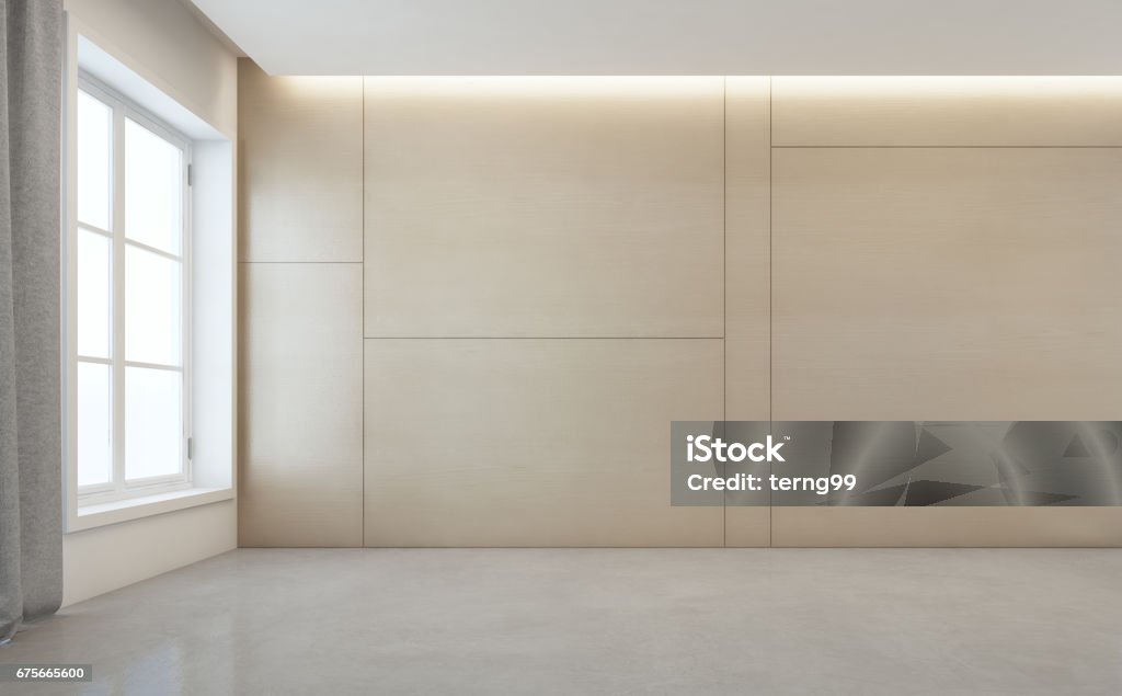 Quarto vazio, com piso de concreto branco e fundo da parede de madeira em casa moderna - Foto de stock de Escritório royalty-free