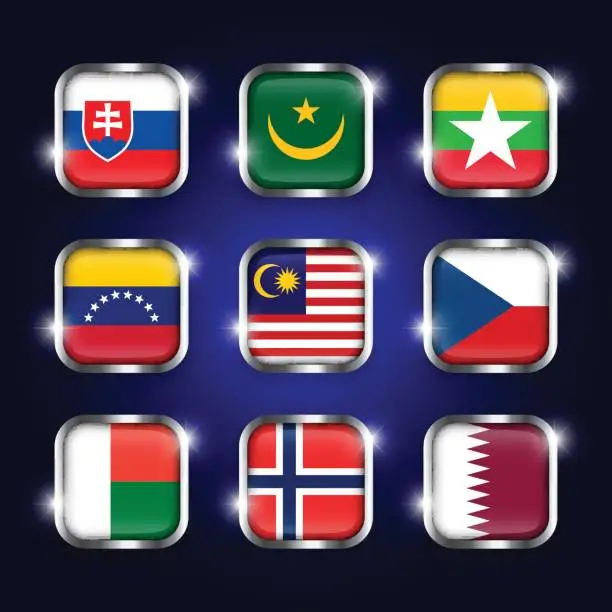 Vector illustration of Set of world flags quadrangular glass buttons with steel border and twinkle ( Slovakia . Mauritania . Myanmar . Venezuela . Malaysia . Czech . Madagascar . Norway . Qatar )