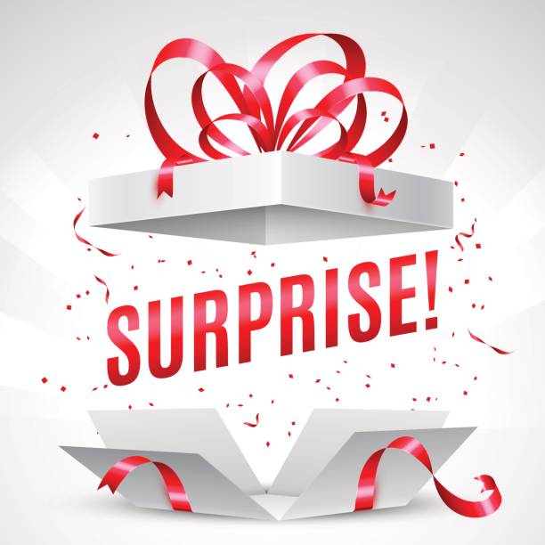 Surprise gift box Opened surprise gift box with red bow and confetti gift wrap and ribbons stock illustrations