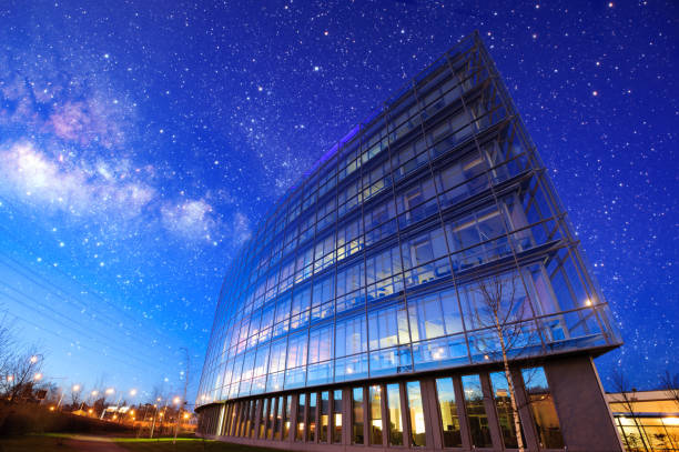Modern building, blue sky and stars