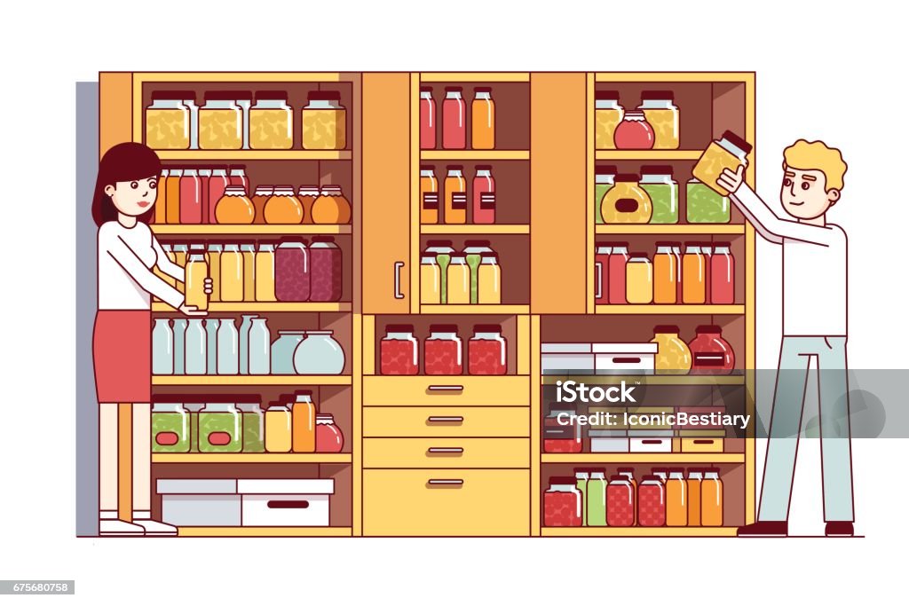Man and woman doing housework in pantry or cellar Man and woman, husband, wife doing housework in home pantry or cellar. Big cupboard full of jars, boxes, bottles, food preserves. Flat style cartoon vector illustration isolated on white background. Pantry stock vector