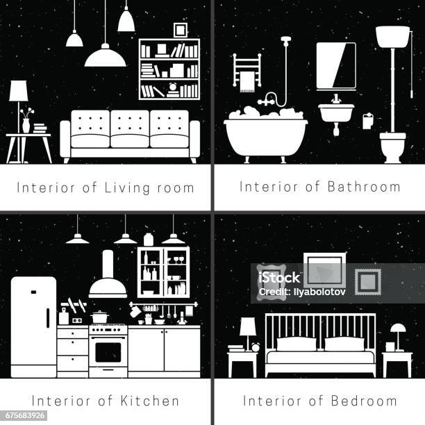 Ilustración de Siluetas Interiores De Habitaciones Planas y más Vectores Libres de Derechos de Dentro - Dentro, Equipo de iluminación, Habitación