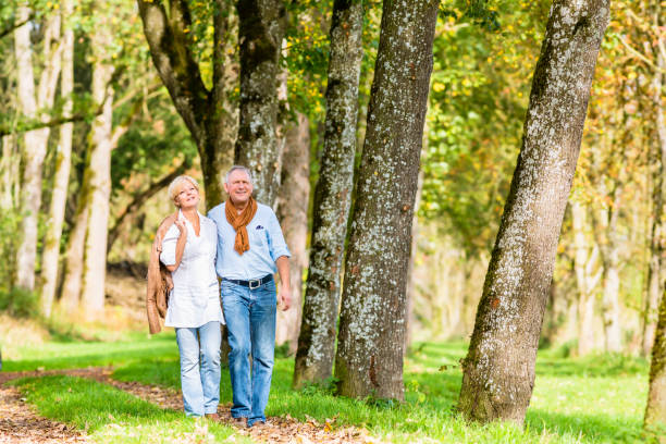 istock Senior couple having leisure walk in woods 675684706