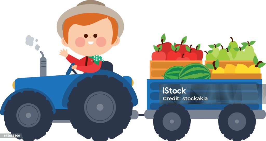 Farmer Driving A Tractor And Carrying Fruits Stock Illustration - Download  Image Now - Boys, Tractor, Farmer - iStock
