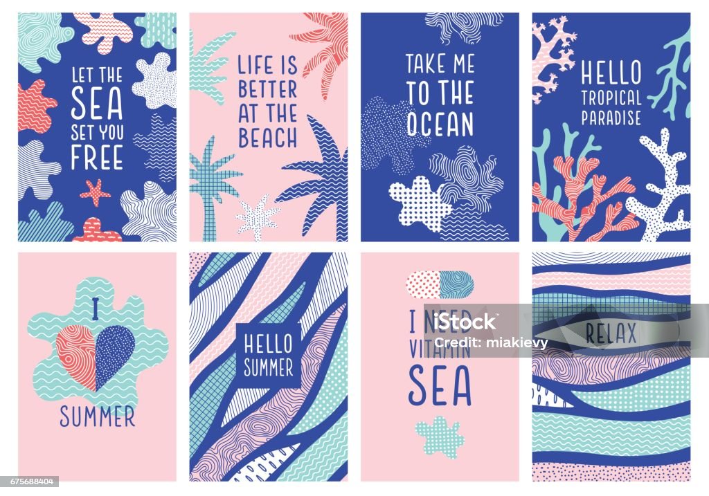 Set of summer holidays quotes Set of editable vector illustrations on layers.  Sea stock vector