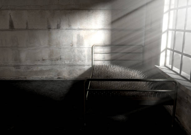 Bed Of Nails In A Room A metaphor showing a literal bed of nails in a dimly lit run down room with a dramatic morning light penetrating through the window - 3D Render bed of nails stock pictures, royalty-free photos & images