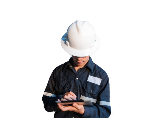 istock Engineer or Technician in white helmet, glasses and blue working shirt suit using a digital tablet, isolated on white, Electricity and Oil and Gas industrial concept with clipping path. 675689982