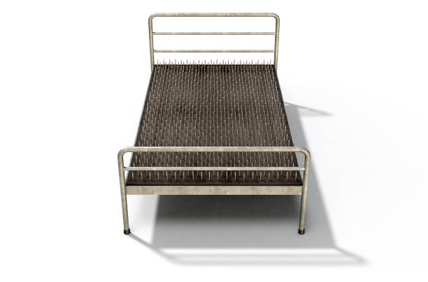 A metaphor showing a literal bed of nails with a metal frame on an isolated white studio background - 3D Render