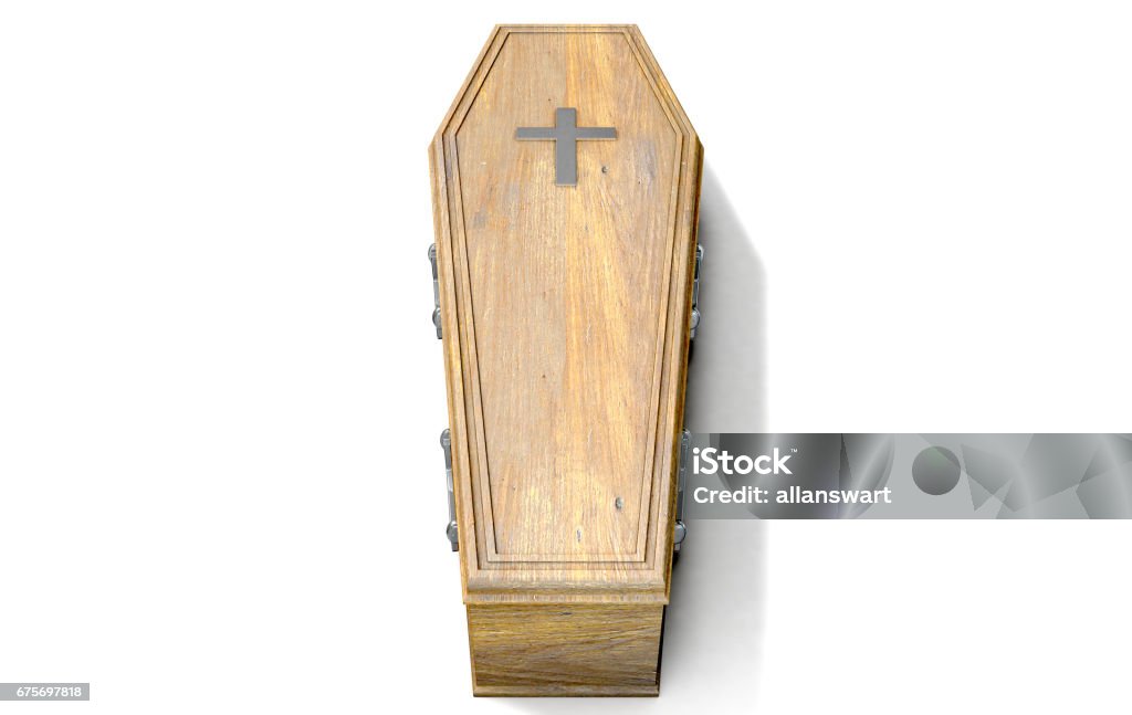 Coffin And Crucifix A wooden coffin with a metal crucifix and handles on an isolated white studio background - 3D Render Coffin Stock Photo