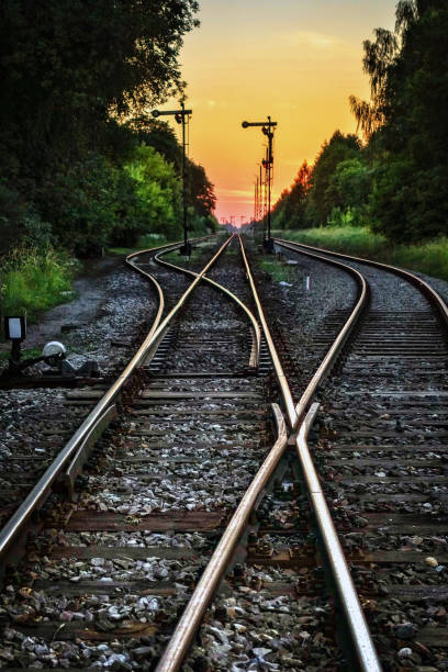 istock Abstract landscape with railway track at sunset. 675711182