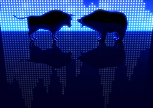Two castings depicting a stylized bull and a bear silhouetted on an LED statistic graph background - 3D render