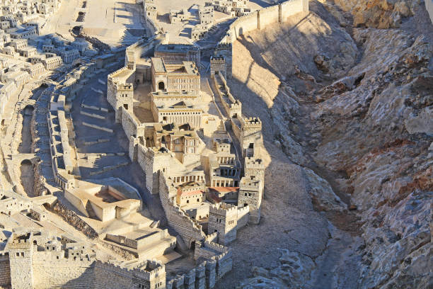 Model of Ancient Jerusalem and the Lower City Model of ancient Jerusalem at the time of the second temple.  Focusing on the Lower City or City of David, Kidron Valley, Pool of Siloam, Adiabenian Royal Palaces and Synagogue of the Freedmen. pool of siloam stock pictures, royalty-free photos & images