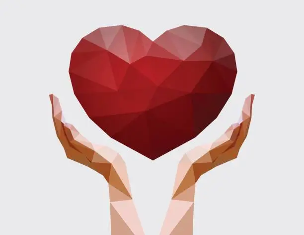 Vector illustration of Human hands holding polygonal heart. Love, peace and donation concept. Charity event. Vector illustration for non-profit organisation