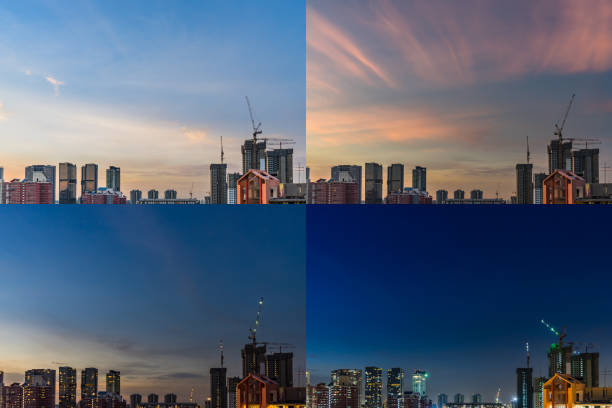 4 мгновения заката в центре сингапура горизонт сумерки на ночь - sunset to night стоковые фото и изображения