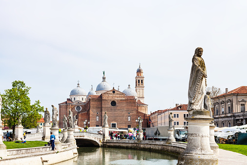 Padua: view of Basilica di Santa Giustina from Prato della Valle in Padua city in spring. Abbey was founded in the fifth century on the tomb of Saint Justine of Padua