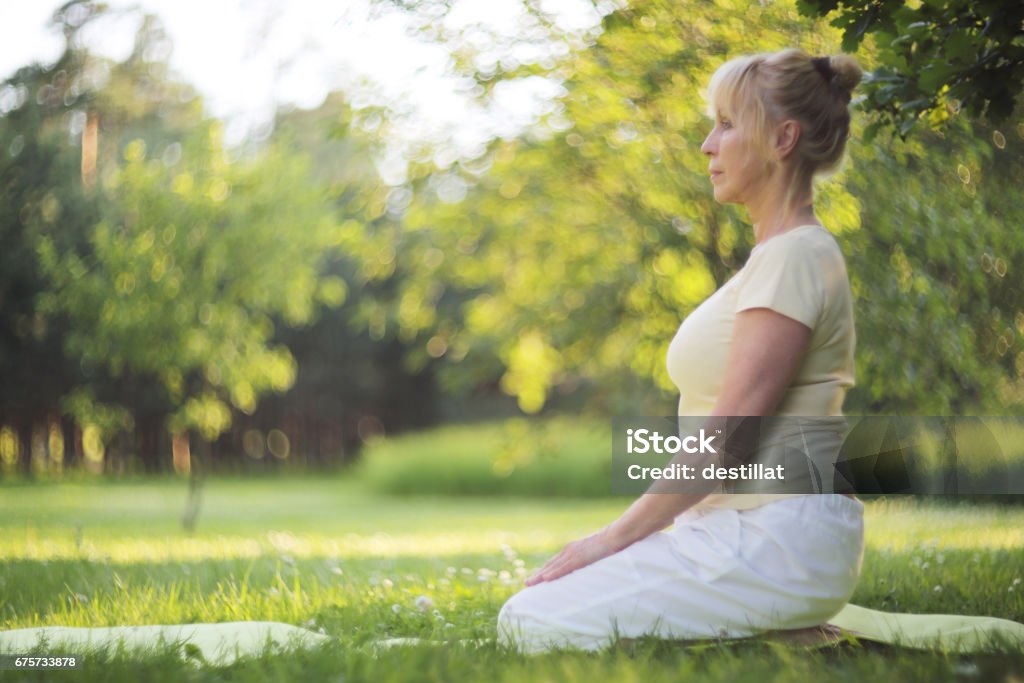 Yoga woman in park Beautiful mature woman practice yoga in summer park Good Posture Stock Photo