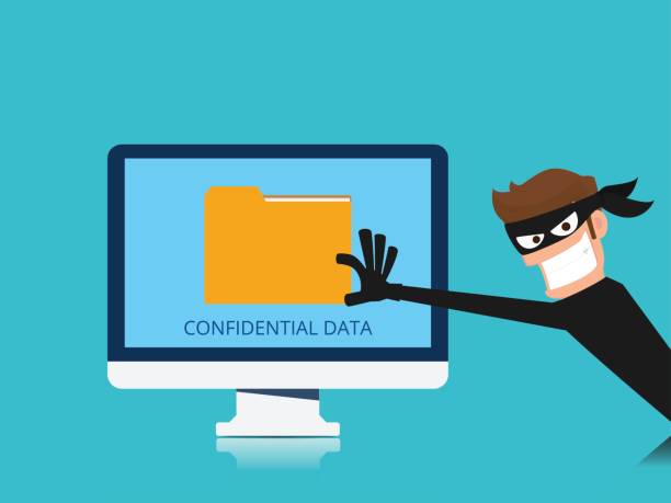 pencuri. hacker mencuri folder dokumen data rahasia dari komputer yang berguna untuk kampanye anti phishing dan virus internet. konsep hacking jejaring sosial internet. - pencuri ilustrasi stok