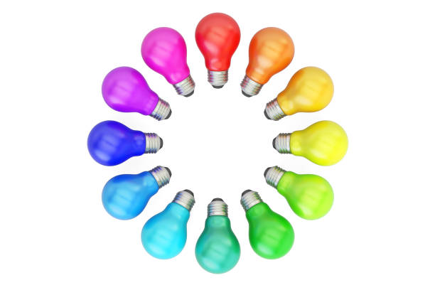 色とりどりの電球の分離の白い背景を描画の 3 d - colors spectrum color image lighting equipment ストックフォトと画像