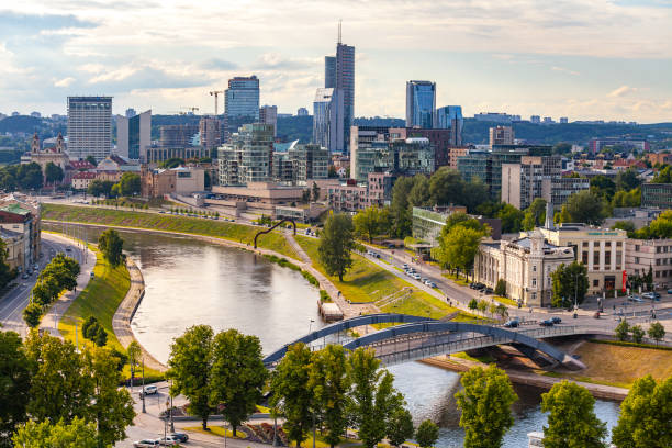 New modern skyscrapers in Vilnius. The VILNIUS BUSINESS HARBOUR is a solid business centre in the new centre of Vilnius, remarkable of its architecture and modernity. stock photo