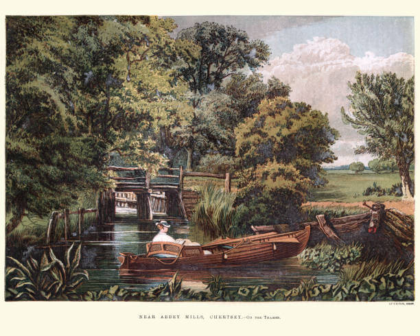 Victorians boating on the Thames, Abbey Mills, Chertsey, 1870 Vintage engraving of Victorians boating on the Thames, Abbey Mills, Chertsey, Surrey, 19th Century surrey england stock illustrations