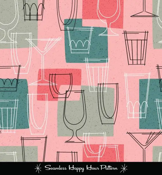 Vector illustration of retro seamless pattern of various outlined cocktail glasses. vector illustration