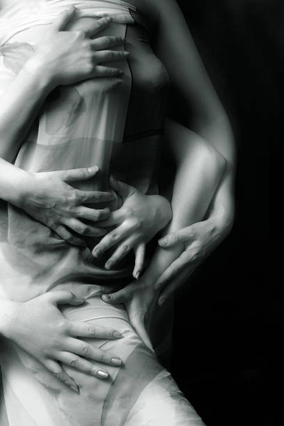 istock Three pairs female hands on a female body 675764294