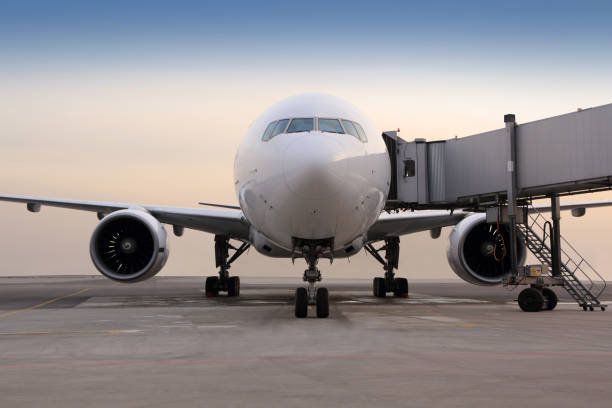 istock Civil passenger airplane standing near the gate. 675770314