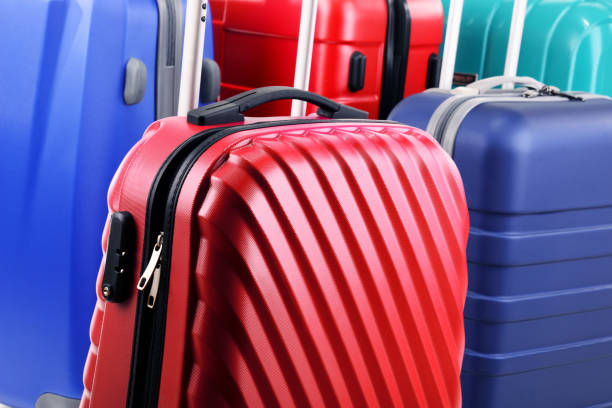 istock Composition with colorful travel suitcases 675773436
