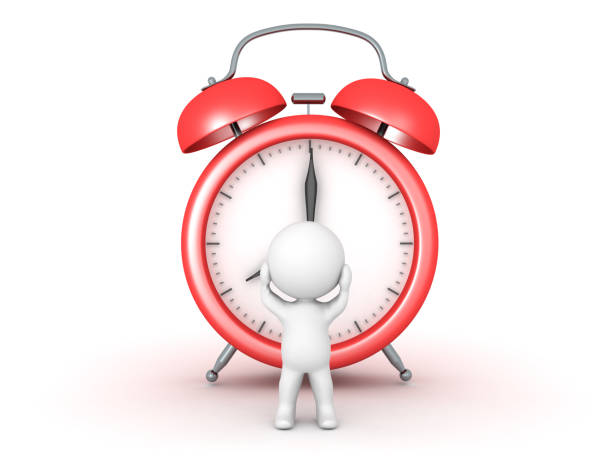 istock 3D Character panicking with giant alarm clock behind him 675787206