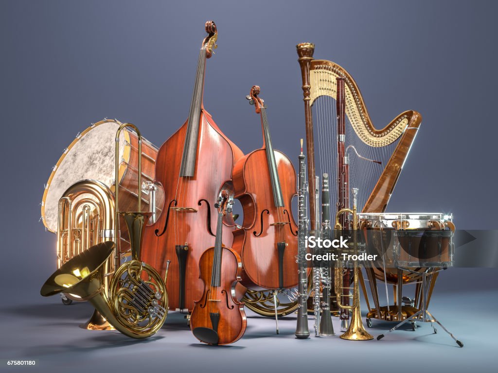 Orchestra musical instruments on grey background. 3D rendering Orchestra musical instruments on grey background. 3d render Musical Instrument Stock Photo
