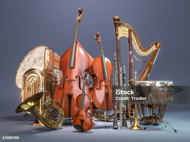 Orchestra Musical Instruments On Grey Background 3d Rendering Stock Photo - Download Image Now