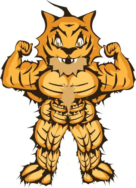 Vector illustration of Muscular Cartoon Tiger