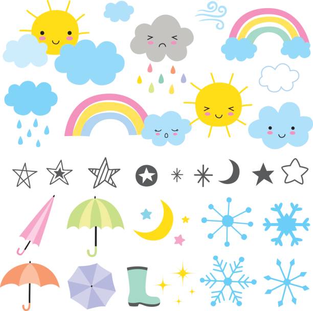 ilustrações de stock, clip art, desenhos animados e ícones de weather forecast - rainbow umbrella descriptive color multi colored