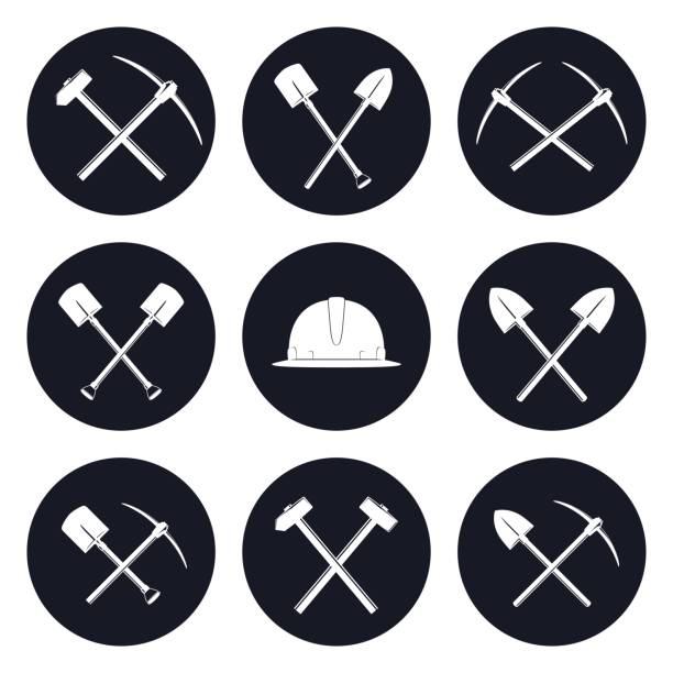 Set Round Icons of Construction Tools Set Round Icons of Tools for Excavation and Percussion Works, Working Equipment and Helmet, Mining and Construction Industry, Black and White Vector Illustration flinders chase national park stock illustrations
